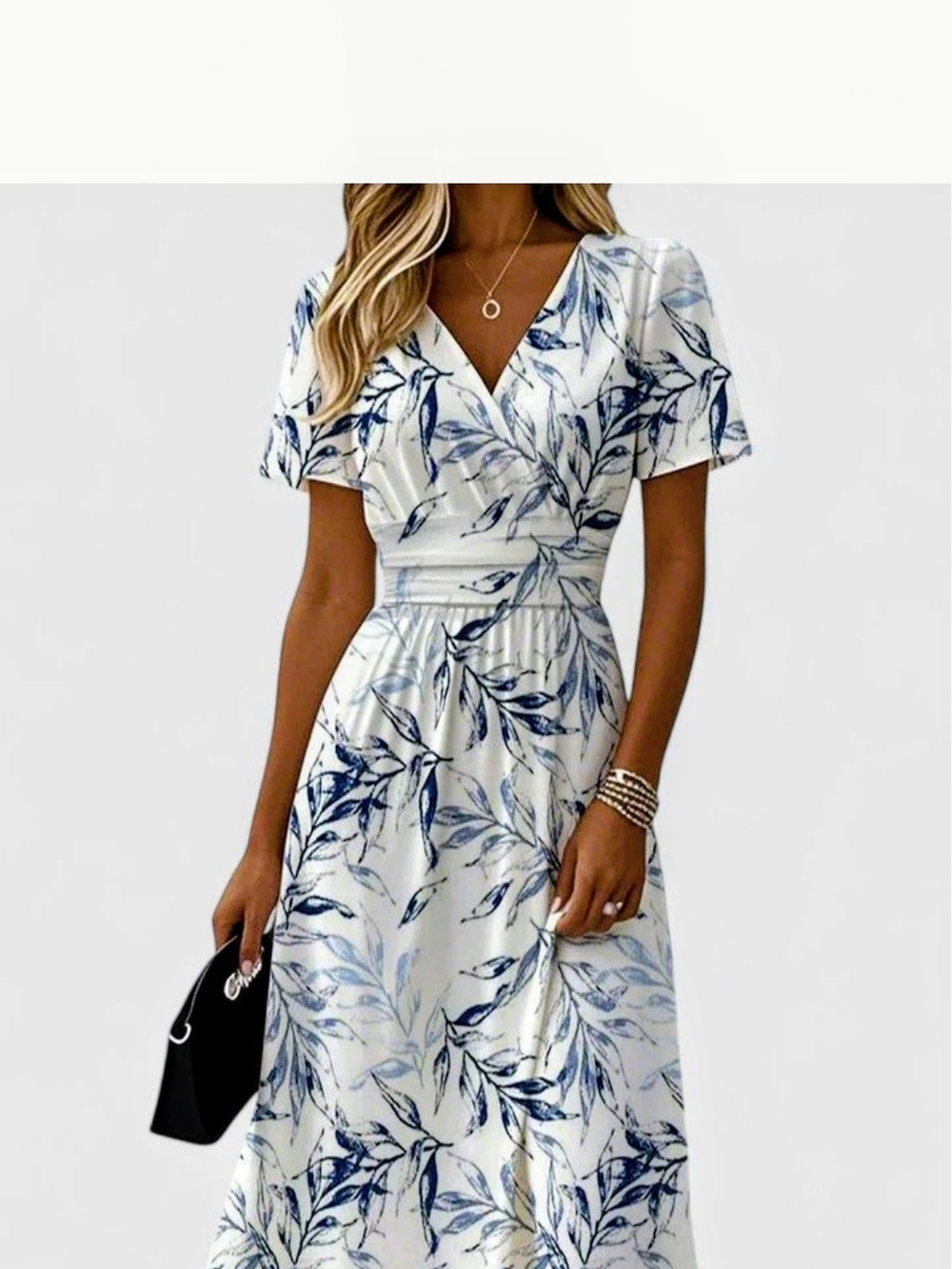 Mayberry Elegant Blue Leaf Print Women's Wrap Dress